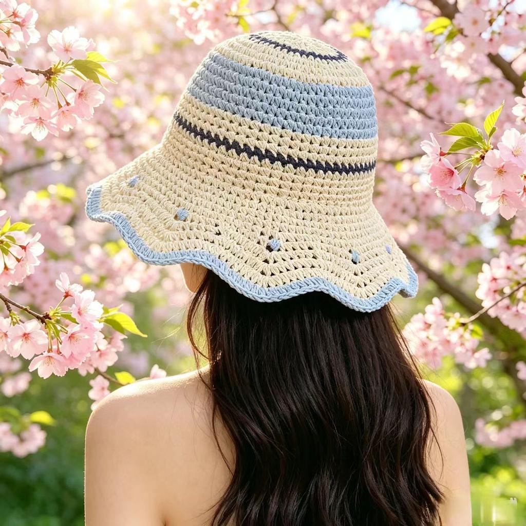 Korean Hyunya style rainbow straw hat women's summer small fresh big eaves fisherman hat travel vacation sun protection beach hat