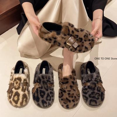 Женская модная обувь на плоской подошве, зимняя, новая, с круглым носком, с неглубоким носком, с леопардовым принтом, мягкая подошва, нескользящая, износостойкая, плюшевая обувь Feminino