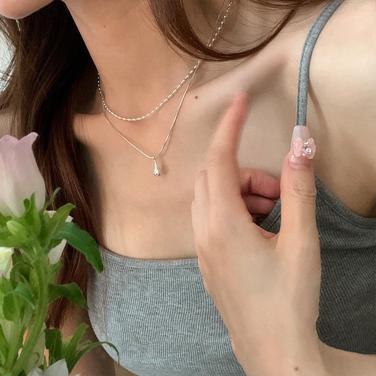 Water drop pendant double-layer necklace female niche design sense ins cold wind fashion simple temperament rice grain collarbone chain