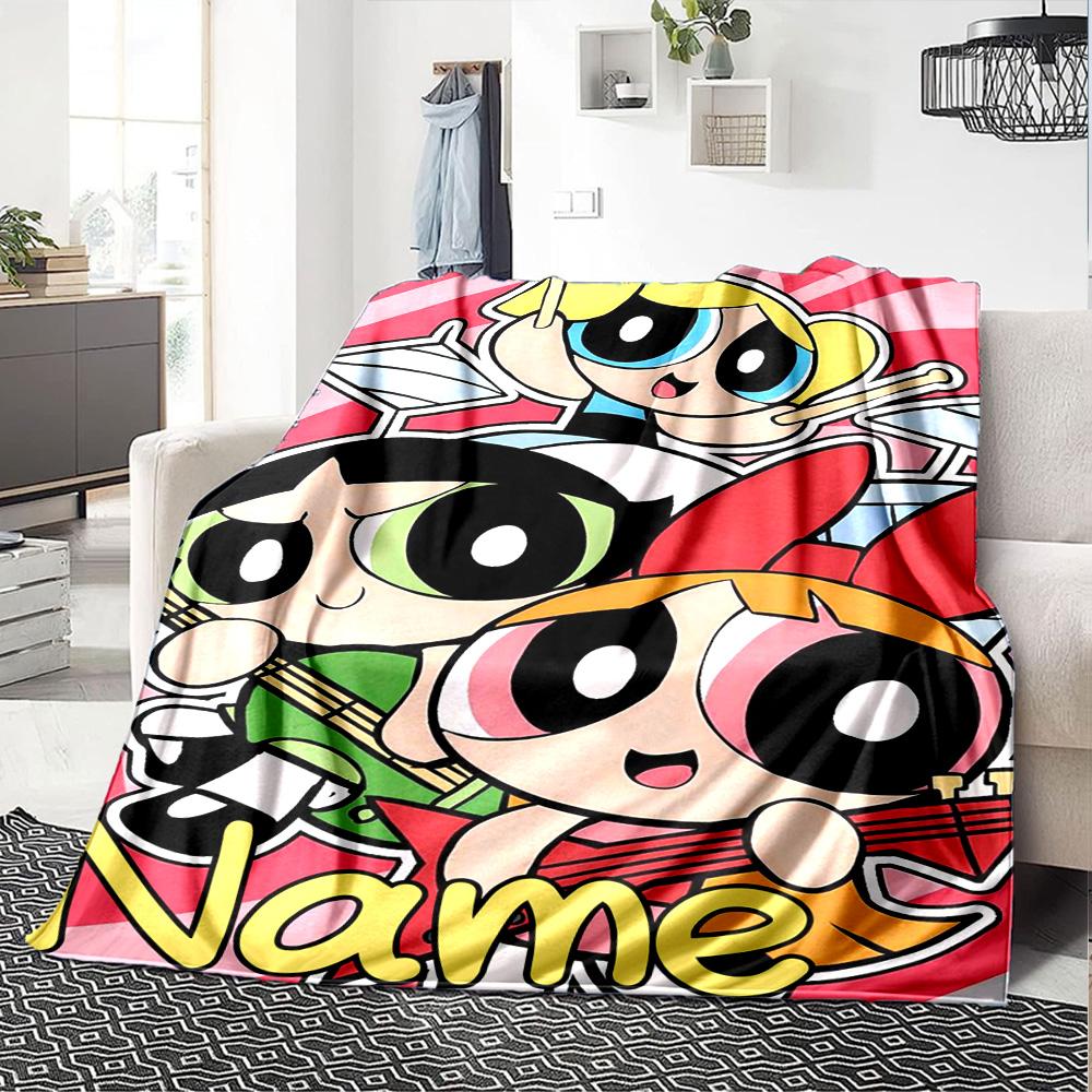 Custom Name Powerpuff Girls Adventure flannel Blanket for Super Soft Cute Comfort Blanket for Travel Bedding Couch Sofa Blanket