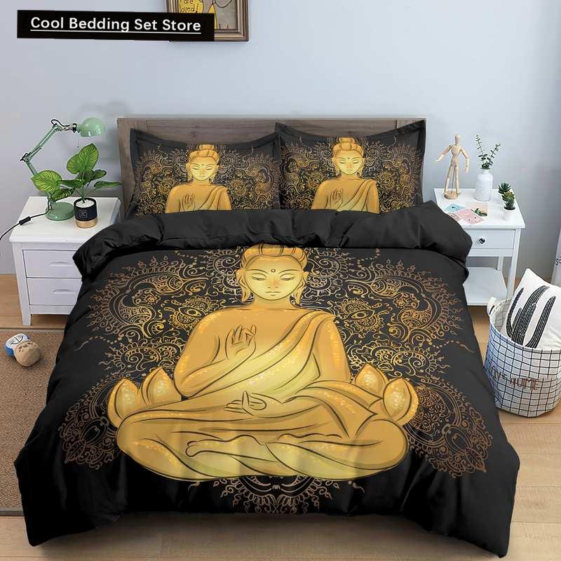 Комплект постельного белья Будда Индийская религия Буддизм Медитация Мандала Пододеяльник Улыбка Будды Цветочный мягкий пододеяльник Queen King Size