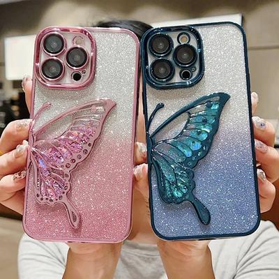 3D Чехол-бампер с блестками в виде бабочки для iPhone 16 15 14 Plus 13 12 11 Pro Max, гальванизированный силиконовый мягкий ТПУ, противоударная задняя крышка