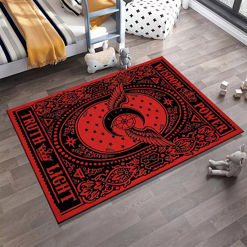 Red and Black Carpet with Winged Moon, Stars, Wisdom Power Design Suitable for use as an anti-slip for living room bedroom sofas