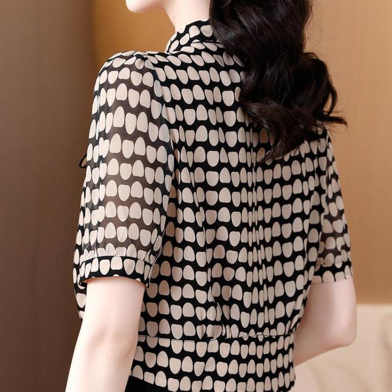 Temperament Fashion Summer Chiffon Shirts Women Polo-Neck Single Breasted Polka Dot Short Corset Short Sleeve Tops