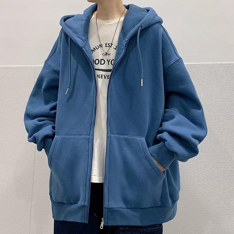 Мужской кардиган с капюшоном на молнии в корейском стиле — модная однотонная толстовка свободного кроя для осени и зимы