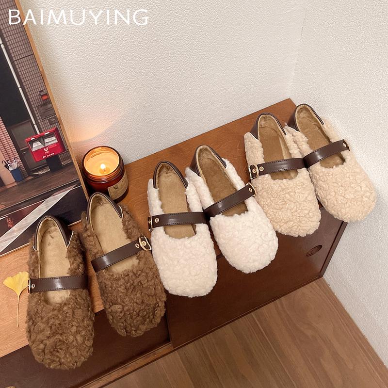 Дизайнерские винтажные женские теплые меховые туфли на плоской подошве, женская модная обувь 2025 года, балетки с мелкой пряжкой, зимние удобные туфли-лоферы