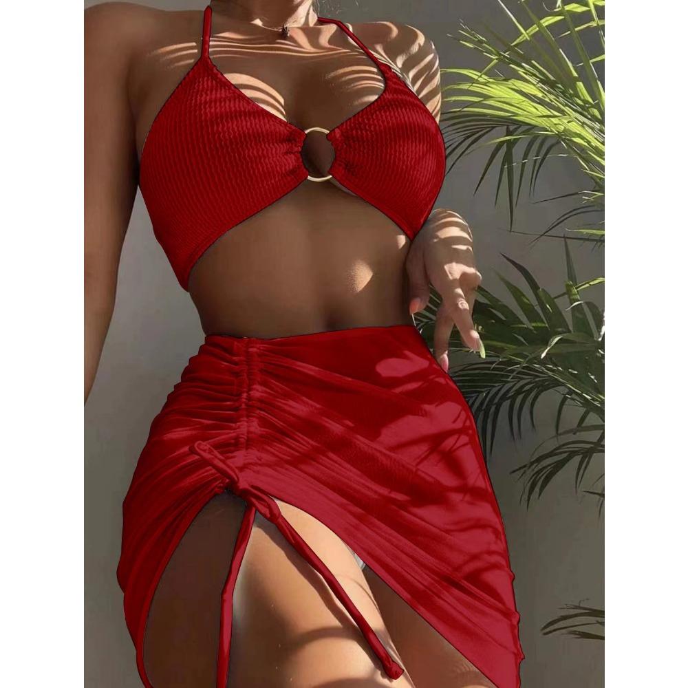 European and American Split Swimsuit Women's Slim-Fit Solid Color Sexy Swimsuit Halter Three-Piece Bikini