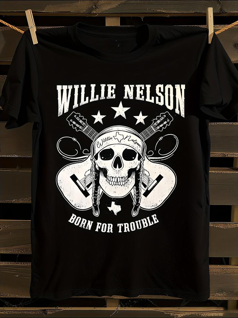 Мужская футболка с графическим принтом Willie Nelson Born for Trouble Женские футболки с принтом букв Футболка с коротким рукавом Повседневная уличная футболка Топ