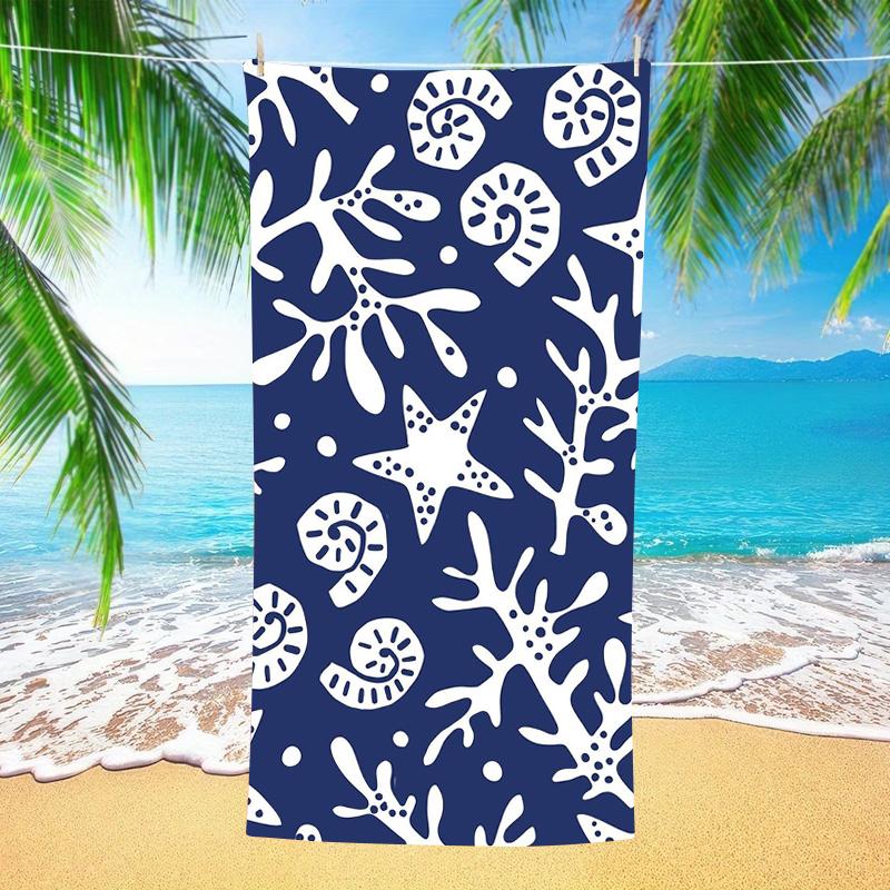 Navy Blue Coral Starfish Seashell Beach Towel Nautical Coastal Print Quick Dry Towel for Beach Pool Summer Vacation Gym