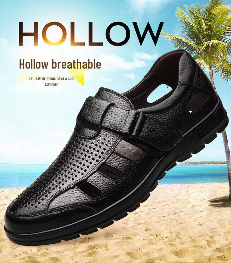 Мужские кожаные сандалии для вождения на мягкой подошве - деловой кэжуал, полый дизайн для среднего и пожилого возраста