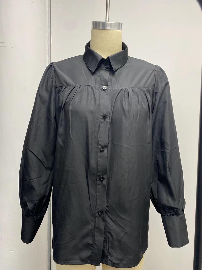 Women's Long Sleeve Ruched Stand Collar Lantern Sleeve Shirt