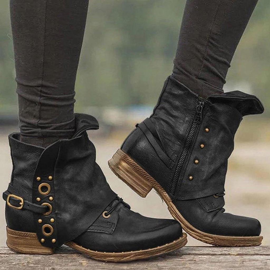 Women Leather Buckle  Boots Heel Boots Large Size Side Zipper Casual Shoes