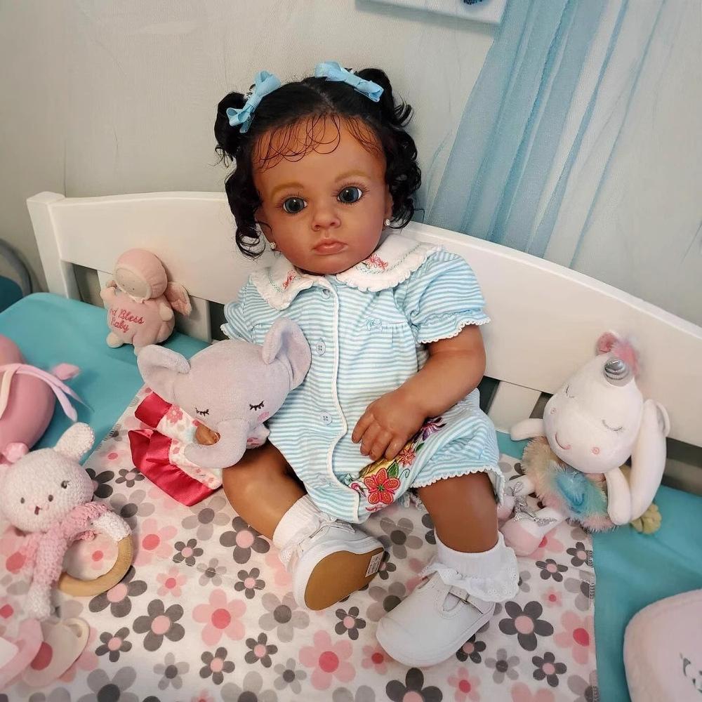 60cm Black Skin Reborn Doll Tutti Handmade 3D High Color Skin with Visible Vein Bloodshot Simulation Baby Doll Implanted Black Curly Hair Newborn Doll
