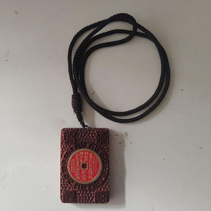 Red Sandalwood Jujube Mountain Ghost Flower Coin Pendant with Inlaid Yatsuhashi and Bagua Safety Charm.