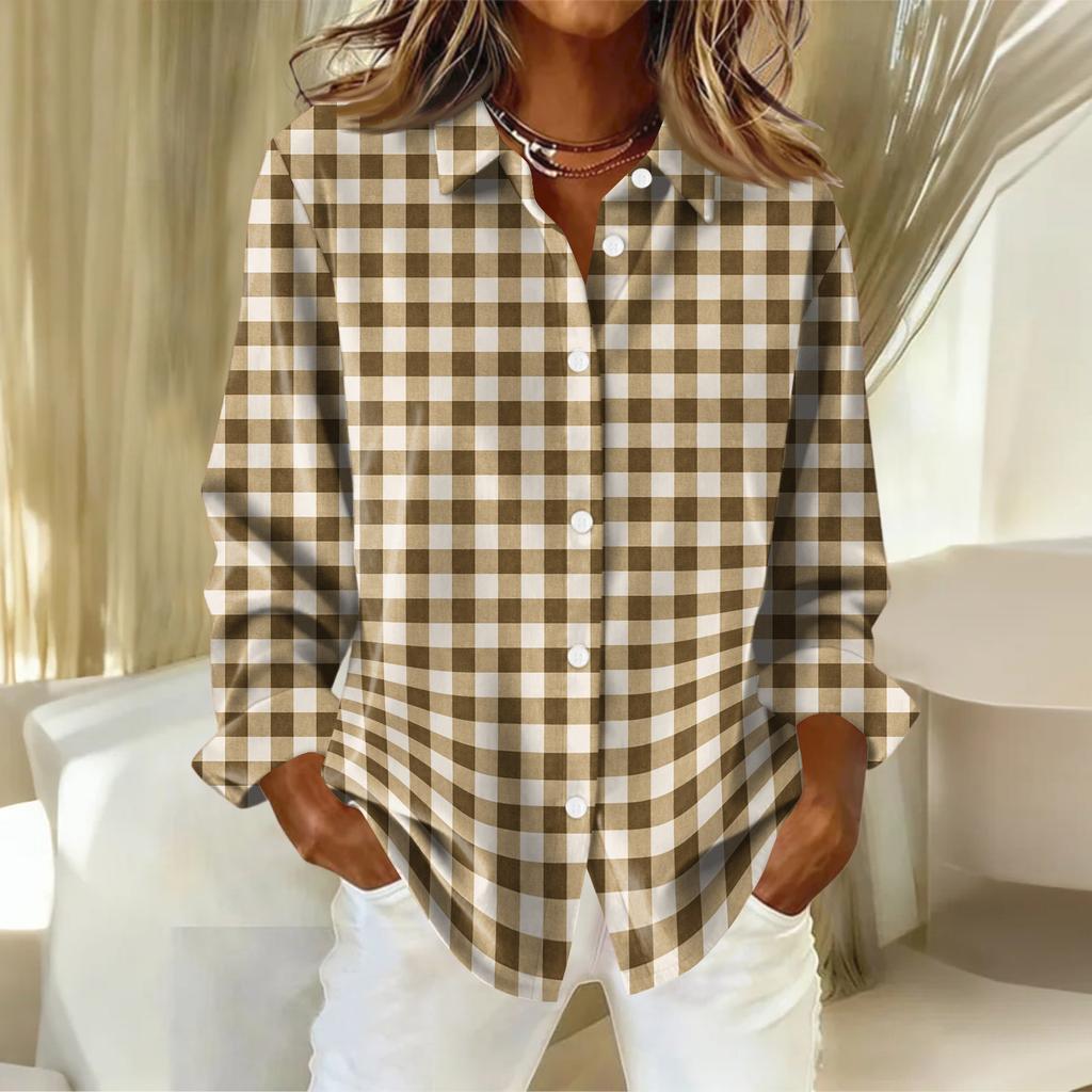 Женская рубашка-блузка с рождественским принтом и пуговицами, длинный рукав, повседневный базовый рубашечный воротник, обычный топ