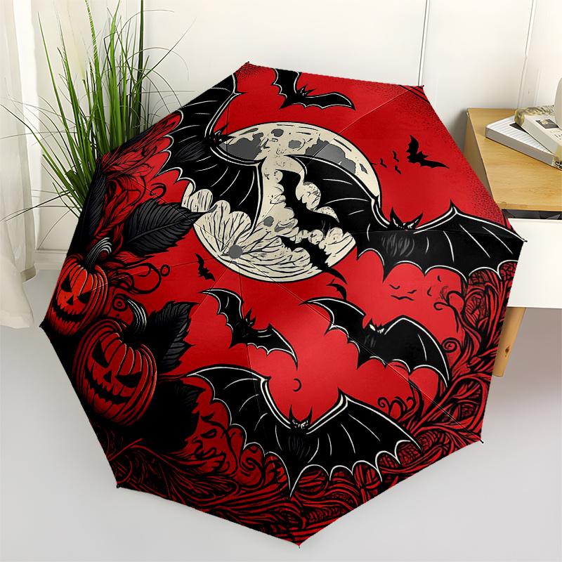 Halloween Moonlit Night Bat Pumpkin Decorative StickerUmbrella, Portable 3-Fold Umbrella for Men & Women,Christmas Gift ES326