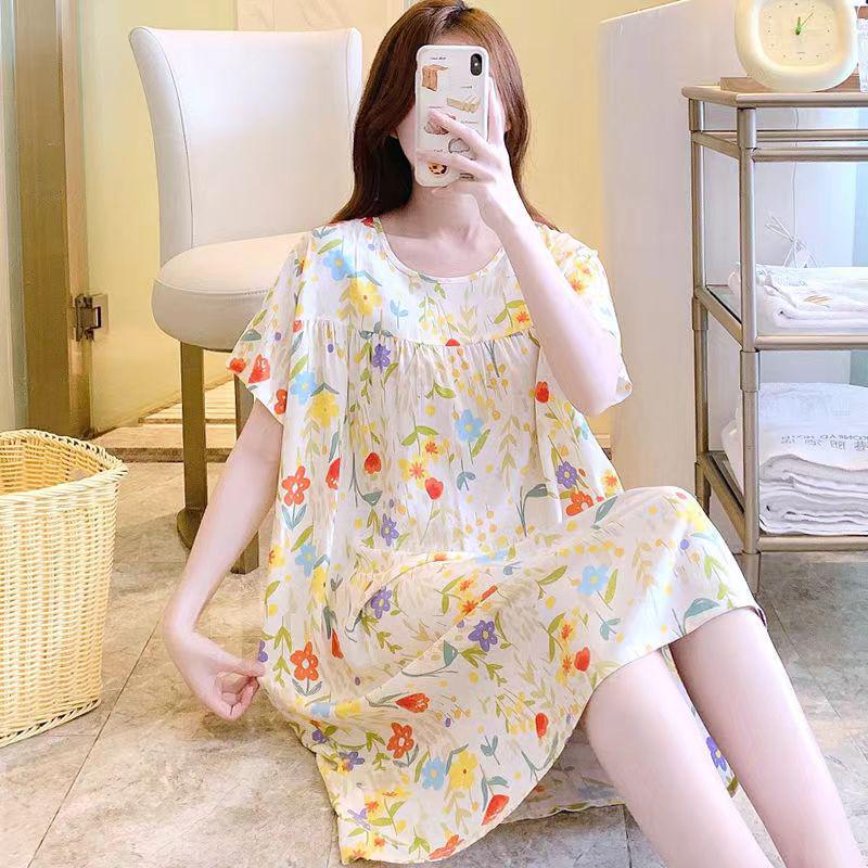 Women's Cotton Silk Mid-Length Nightgown - Summer Pajamas Plus Size Homewear for Middle-Aged and Elderly