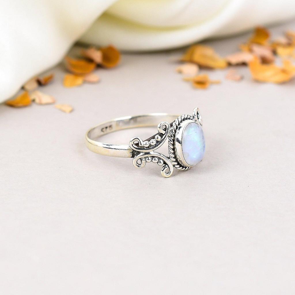 Радужный Лунный Камень Серебро 925 пробы Овальный Драгоценный Камень Бохо стиль Ручной работы Кольцо для Женщин