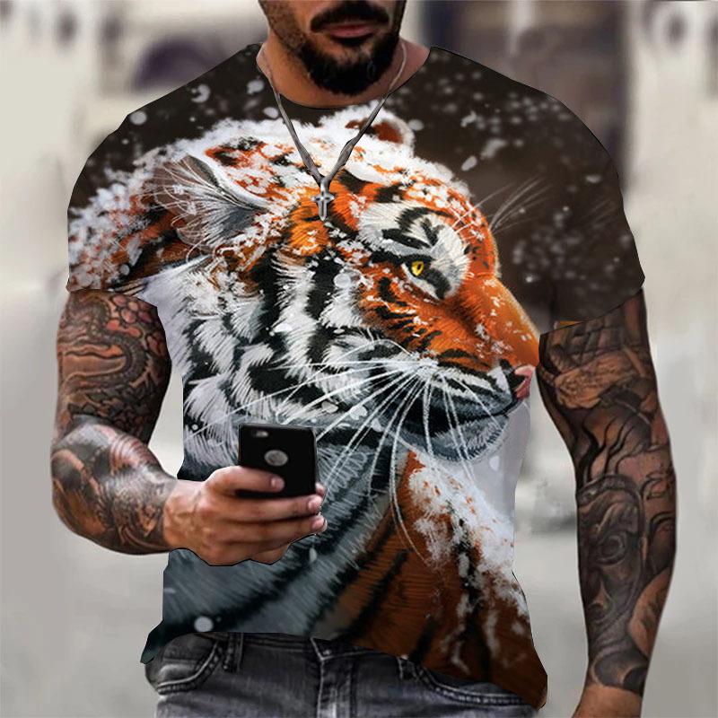 Мужская футболка с 3D цифровым принтом тигра, с коротким рукавом, удобная, повседневная, эластичная, с круглым вырезом, мужской топ для активного отдыха