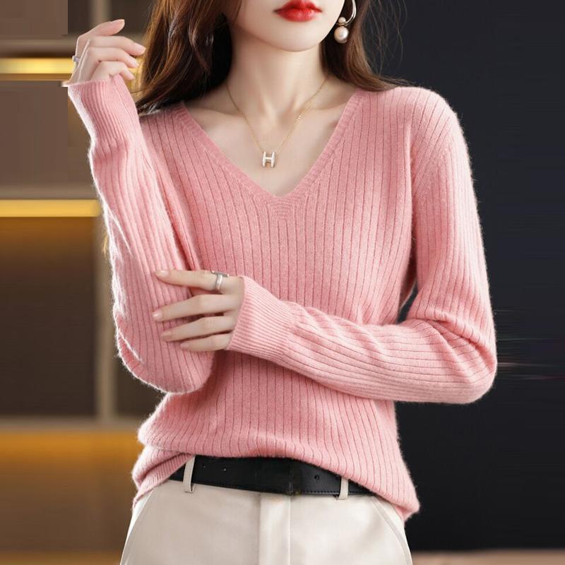 Slim Fit Женские пуловеры свитера топы осень и зима новый V-образный вырез вязаный свитер длинный рукав однотонный трикотаж одежда 28502