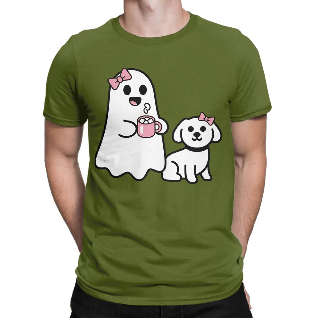 Funny Ghost Walking Dog Funny 100 Cotton Tshirt Ghost Coffee Golden Doodle Dog Halloween Tops Tees For Unisex