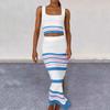 Комплект юбки из двух частей для женщин Полосатая облегающая юбка-миди с разрезом и комплект топа-кроп без рукавов Летний вязаный ажурный наряд