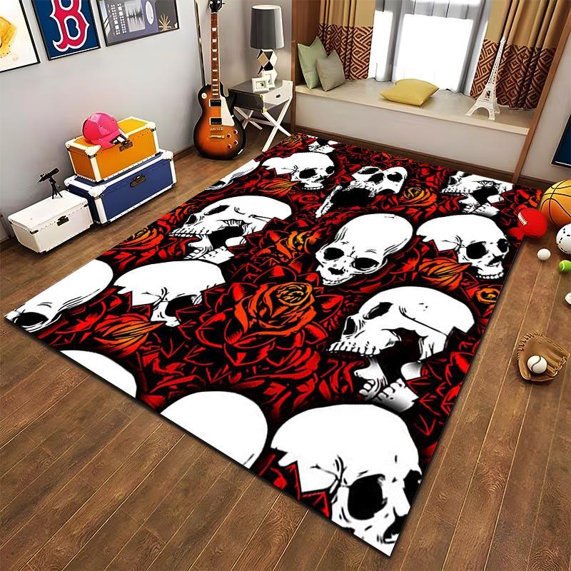 Skull and Rose Pattern Carpet, Red and Black Gothic Home Decor Rug Suitable for use as an anti-slip for living room bedroom sofas