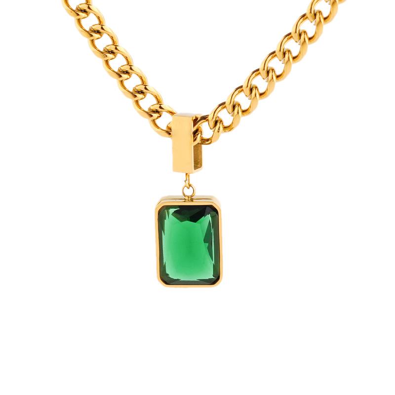 Vintage White Green Cubic Zirconia Choker Necklace Fashion 18k Gold Plated Stainless Steel Geometric Square Pendant Necklace
