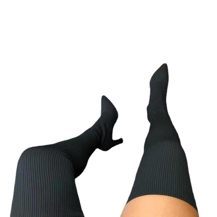 Женская обувь 2024 года, зимние новые модные вязаные длинные толстые высокие каблуки, носки, сапоги, женские выше колена, эластичные узкие женские сапоги