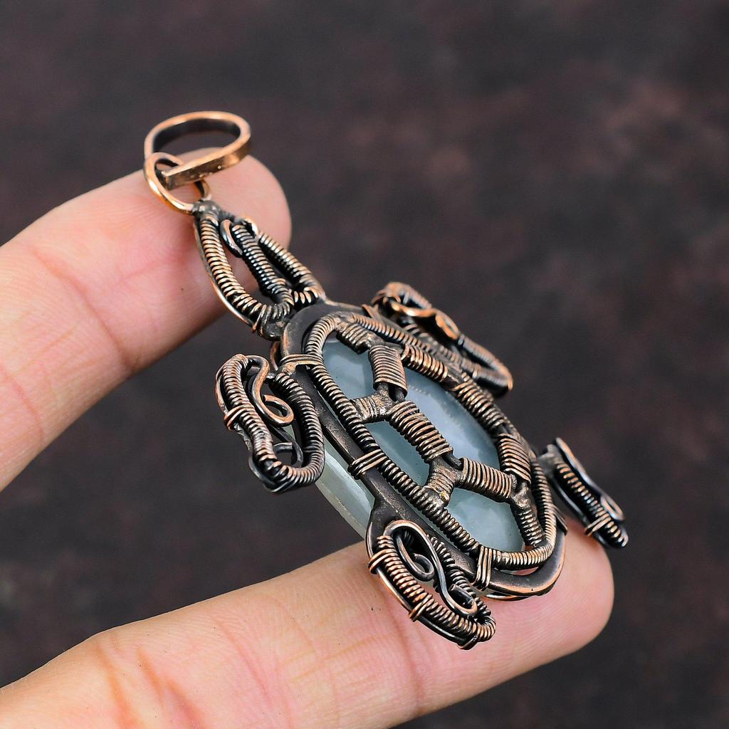 Аквамариновый кулон, медная проволока, кулон, кулон с драгоценным камнем, черепаха, медные украшения, кулон ручной работы, проволочная пленка, ювелирный подарок для друга