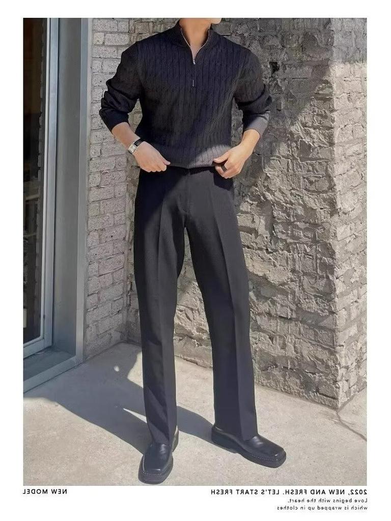 2023 Мужской модный свитер-пуловер с высоким воротником на молнии - Корейский стиль, зимний свободный крой