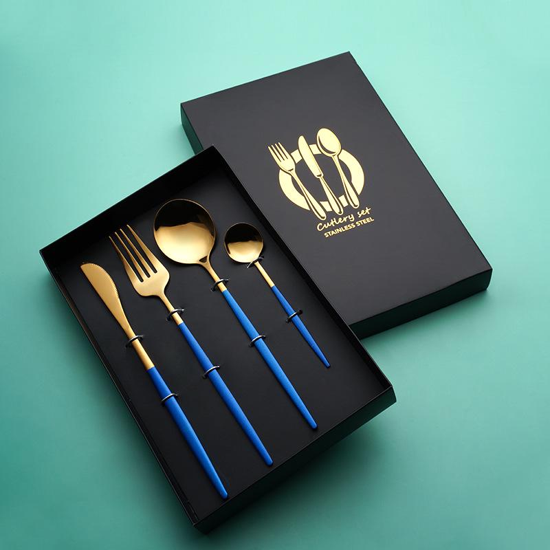 Португальский набор столовых приборов: Нож, вилка, ложка из нержавеющей стали - подарочная коробка для стейков в стиле вестерн из 4 предметов