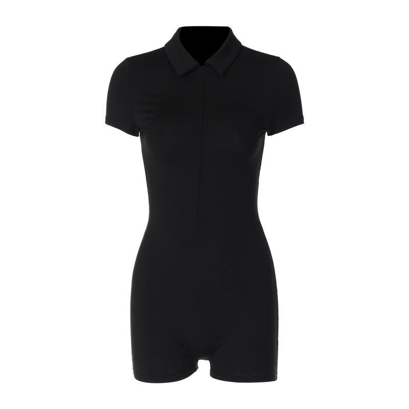 Весенний однотонный комбинезон с отворотом и молнией с коротким рукавом для занятий йогой и бегом