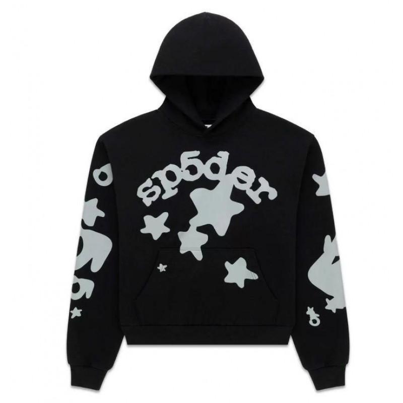 Sp5der Hoodie Oversized Thick Fleece Sweatshirt With Foil Print Spiderweb Design Men Winter Casual Wear