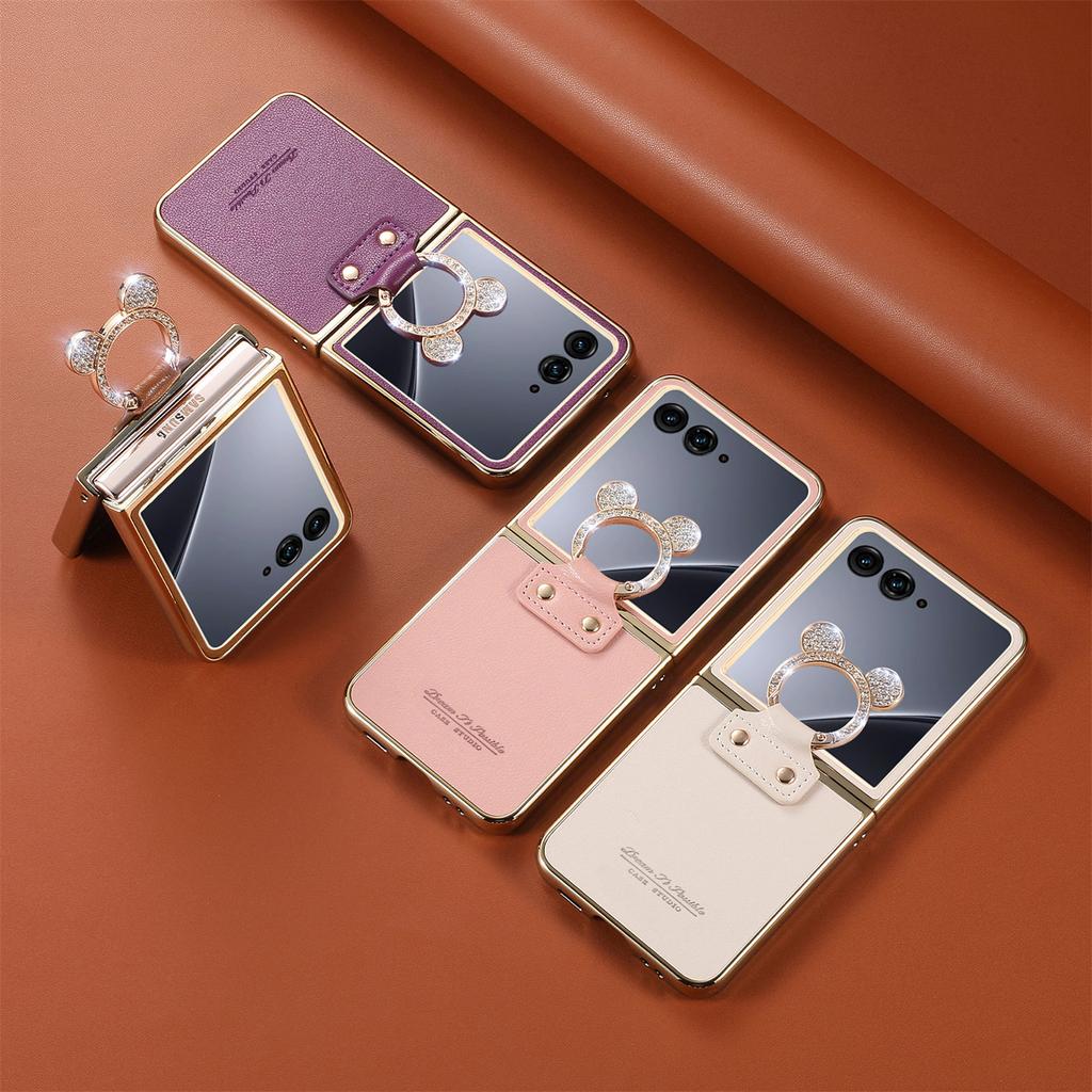 Luxury Magnetic Ring Holder Plating Leather Case for Motorola Razr 60 50 Ultra Shockproof Cute Diamond Decoration Cover