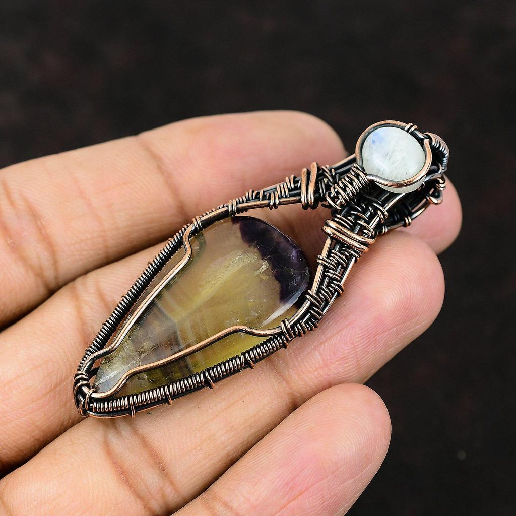 Подвеска из медной проволоки с разноцветным флюоритом и драгоценным камнем, радужная медная бижутерия с лунным камнем, дизайнерские украшения ручной работы, подарок для матери, бижутерия из проволоки