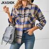Женская мода, повседневная осенне-зимняя клетчатая рубашка с длинным рукавом и воротником-поло, блузки и рубашки, верхняя куртка