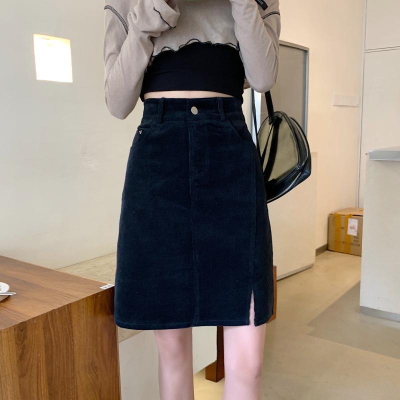 Миди-юбка А-силуэта из кофейного вельвета больших размеров с боковыми разрезами - Ретро облегающая модель, скрывающая бедра, для осени/зимы