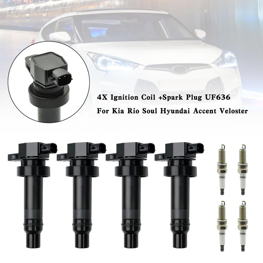 4X Ignition Coil +Spark Plug UF636 For Kia Rio Soul Hyundai Accent Veloster