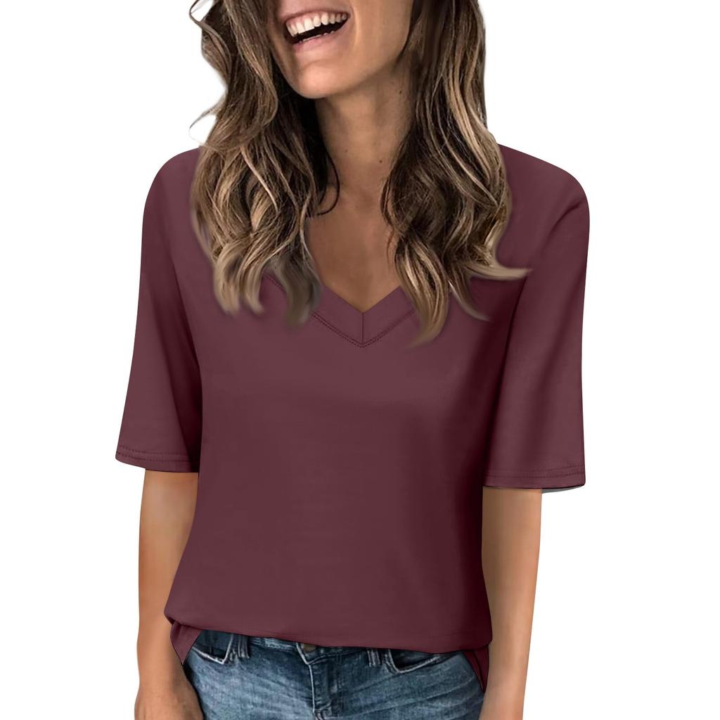 Women's Solid-color V Neck T Shirts Half Sleeve Tops Printed Casual Summer Tees T Shirt Blouse