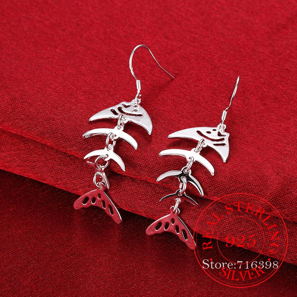 Trend 925 Sterling Silver Earrings for Women Fashion Fish Skeleton Long Drop Earring Hanging Jewelry Brincos Feminino