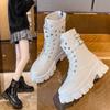Thick Sole Women's Boots Round Toe Belt Buckle Motorcycle Boots Plus Fleece Ladies Shoes Large Size PU Shiny Fabric Back Zipper