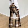 2026 Plus Size Womens Plaid Flared Pants Slim Fit Retro Print Casual Trousers