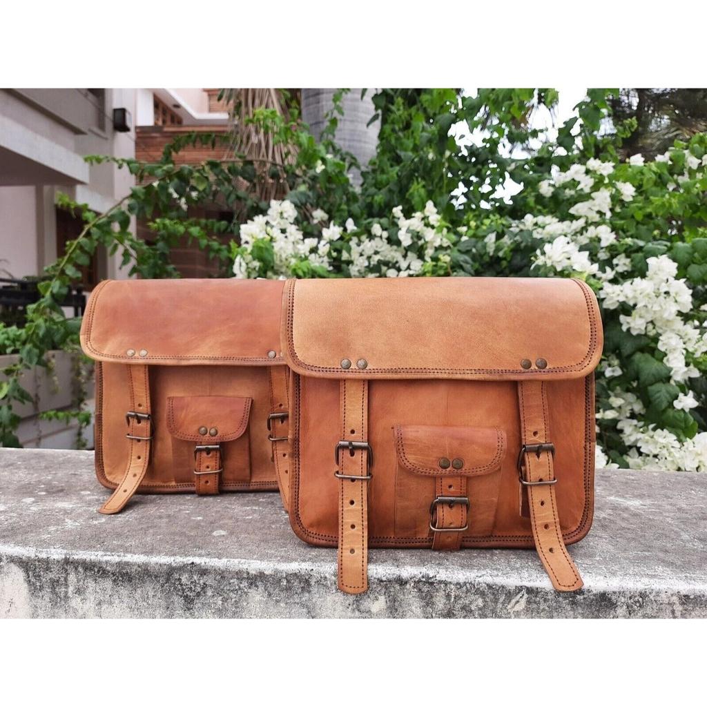 Leather Motorcycle Side Pouch 2 Panniers Saddle Genuine Vintage Bags Saddlebag