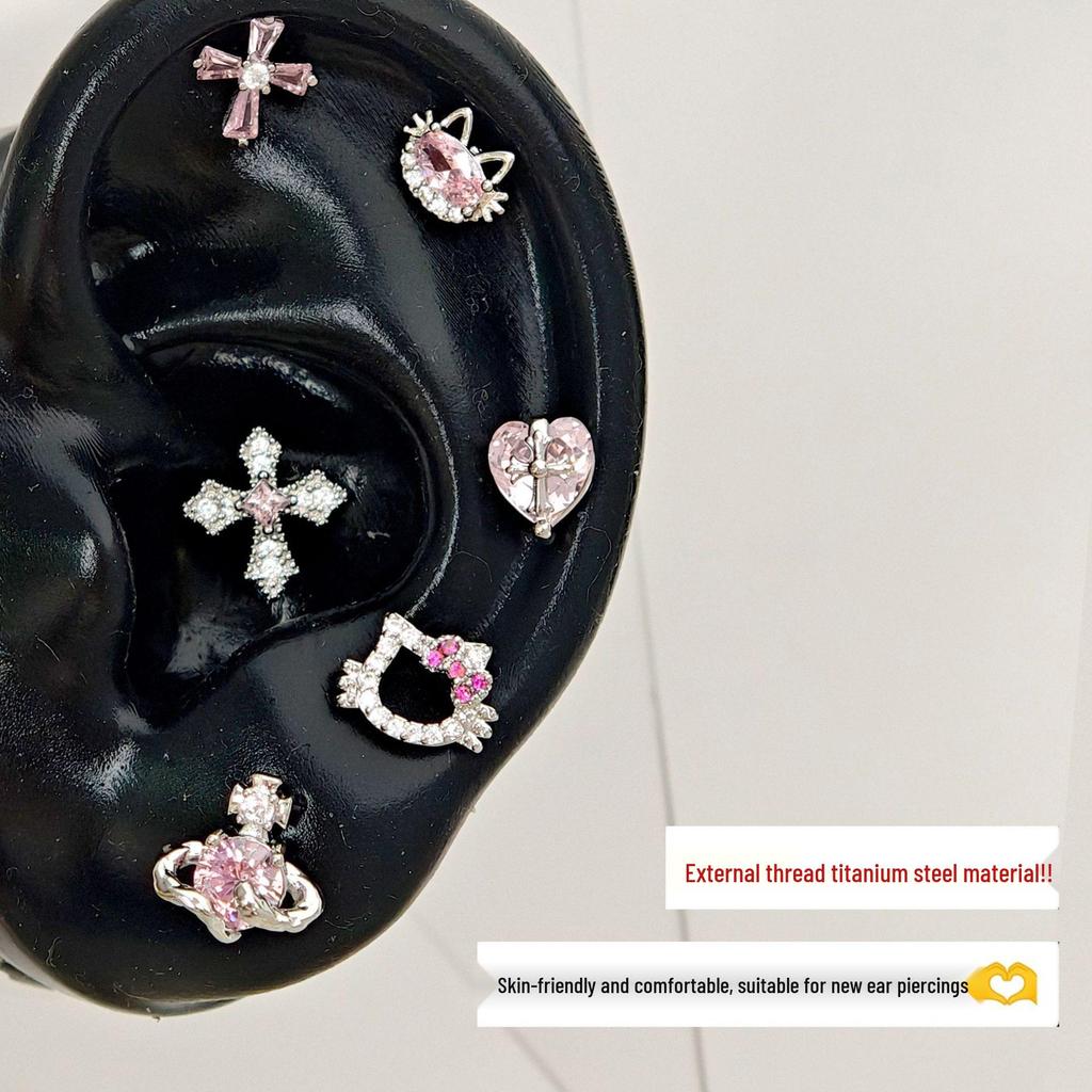Sparkling Zirconium Titanium Heart & Cross Cartilage Ear Studs - Light Luxury Niche Jewelry