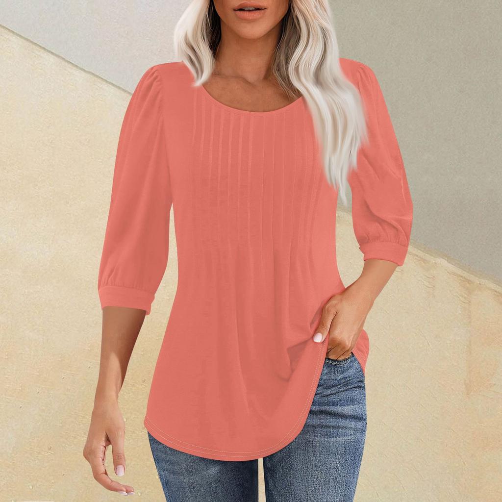 Женская мода плиссированная футболка с круглым вырезом и семью рукавами, повседневный однотонный топ