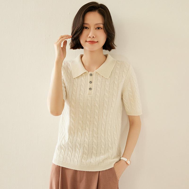 Women's Cable Knit Cashmere Short Sleeve Polo Sweater
