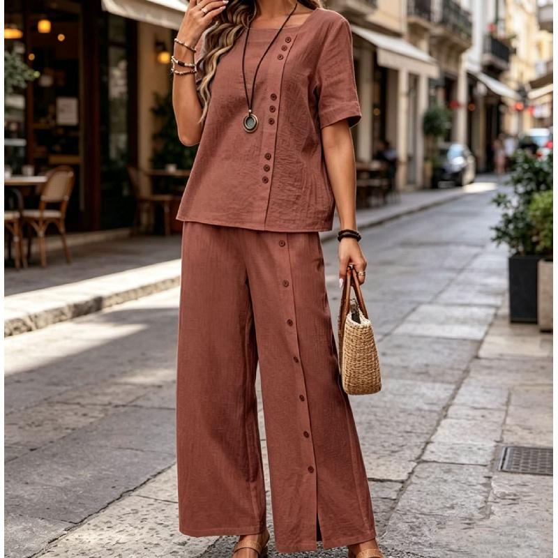 Women's Fashionable Loose Round-neck Button Short-sleeved Shirt and Wide-leg Pants Set