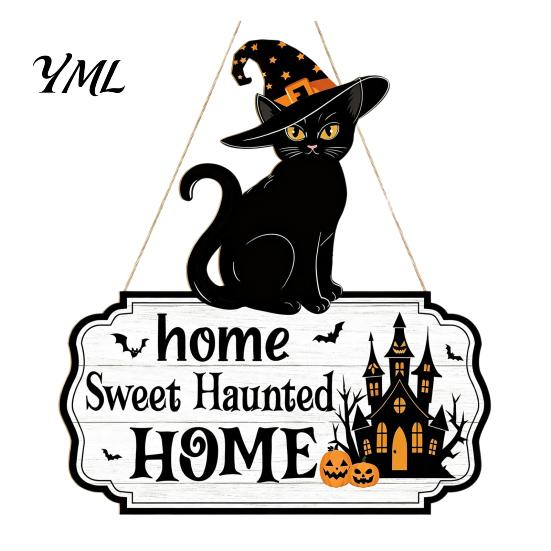 Reusable Holiday Accents Halloween Wooden Welcome Door Sign, Black Cat Ghost Pumpkin Hanging Decor Durable Wood Wall for Porch, Rustic Farmhouse