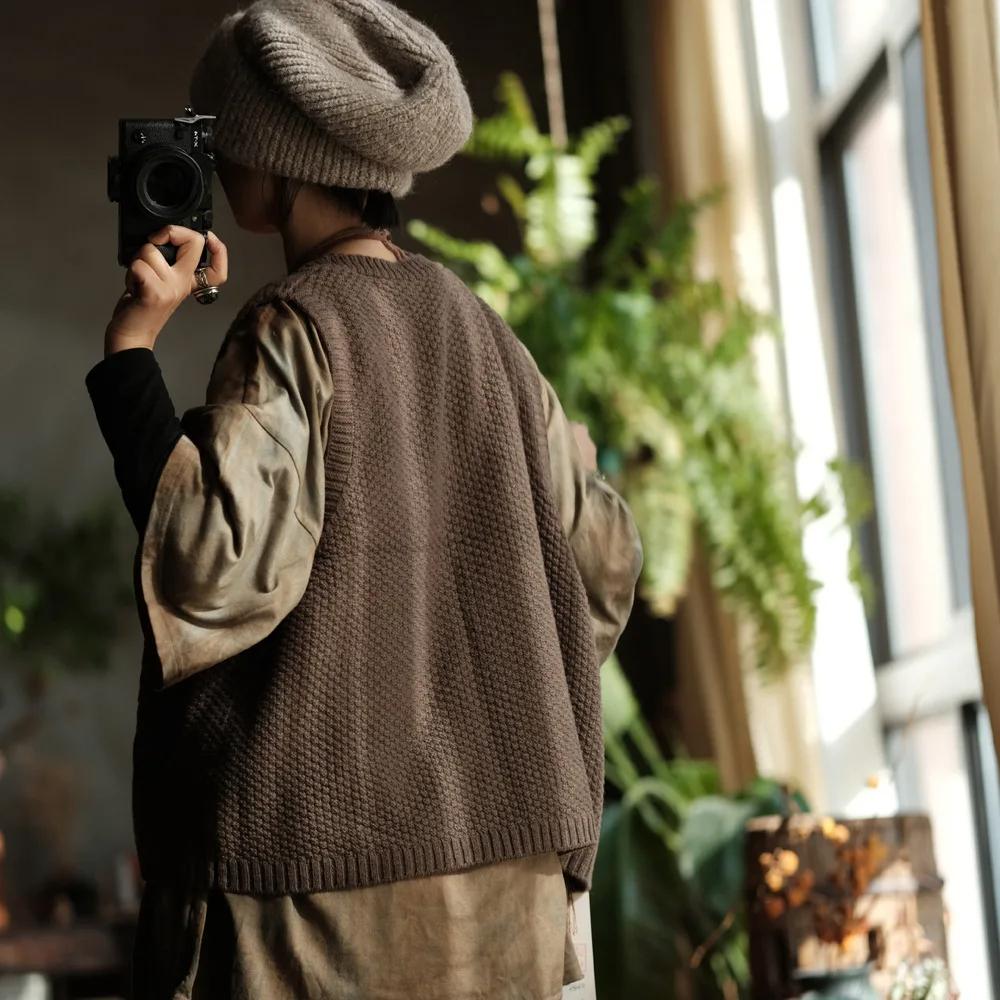 Johnature Женские вязаные однотонные пуговицовые весенние безрукавки кофейного цвета мягкие винтажные свитера пальто